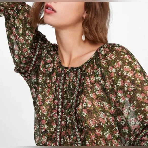 Zara Floral Beaded Mini Dress Small Peasant BOHO Festive Ruffle Smocked - Picture 13 of 15